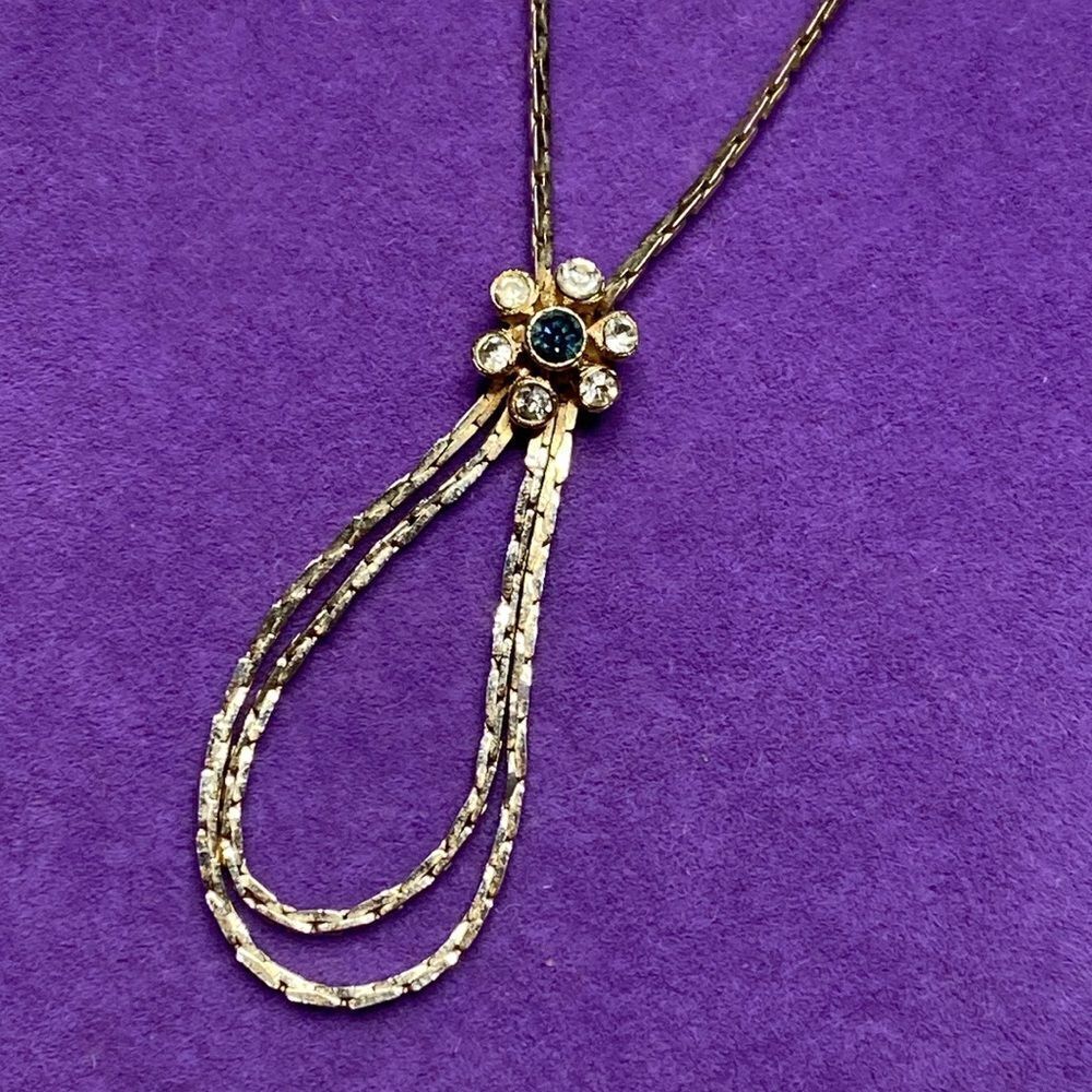 💛 Vintage Gold Filled Blue & White Sapphire Flower Cobra Chain Necklace